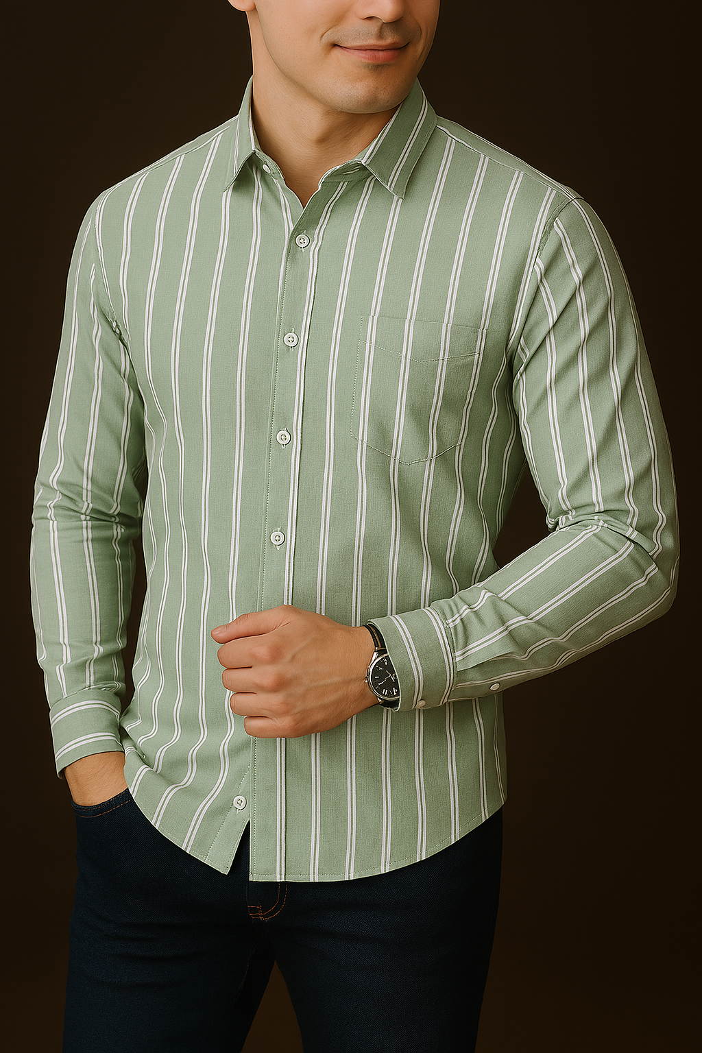 Vintage Spring Rain Classic Pinstripe Cotton Shirt- DUSTY GREEN