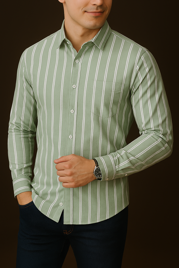 Vintage Spring Rain Classic Pinstripe Cotton Shirt- DUSTY GREEN