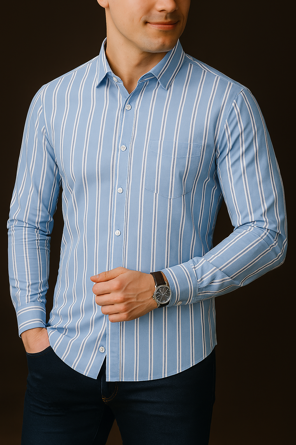 Vintage Sky Blue Classic Pinstripe Cotton Shirt